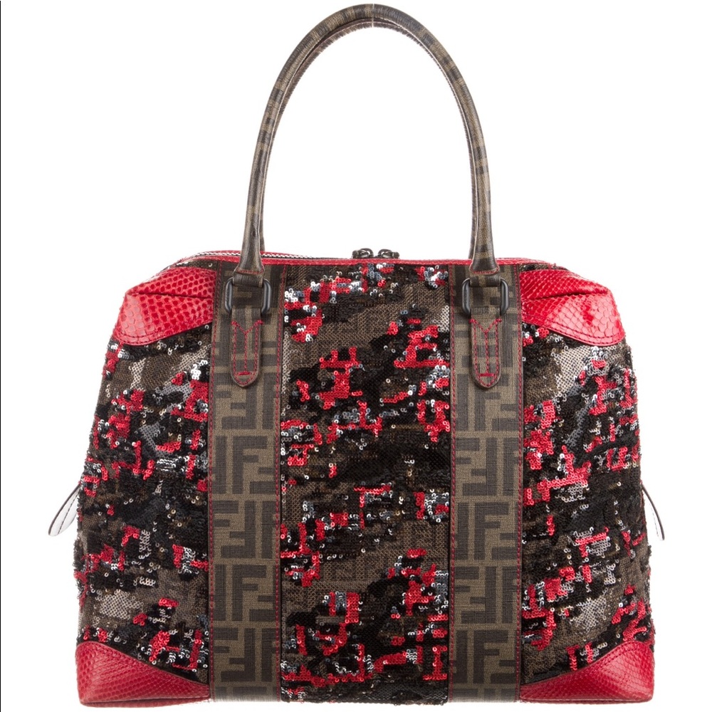 MSRP $4500 Fendi Zucca Coated Canvas and Red Python Trim Sequined Bag